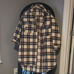 Fashion Nova Cream and Navy Plaid Utility Jacket